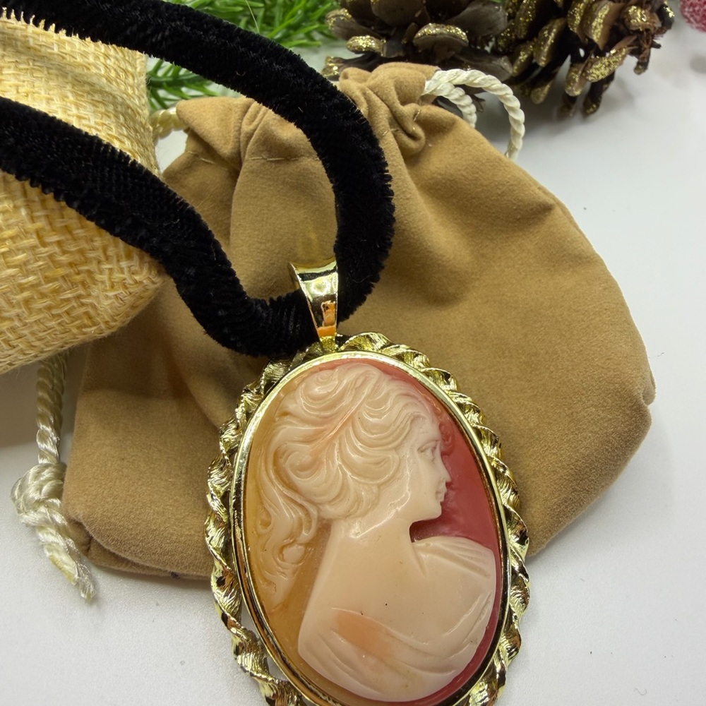 Elegant Cameo Pendant Necklace in Gold and Pink - Picture 7 of 9